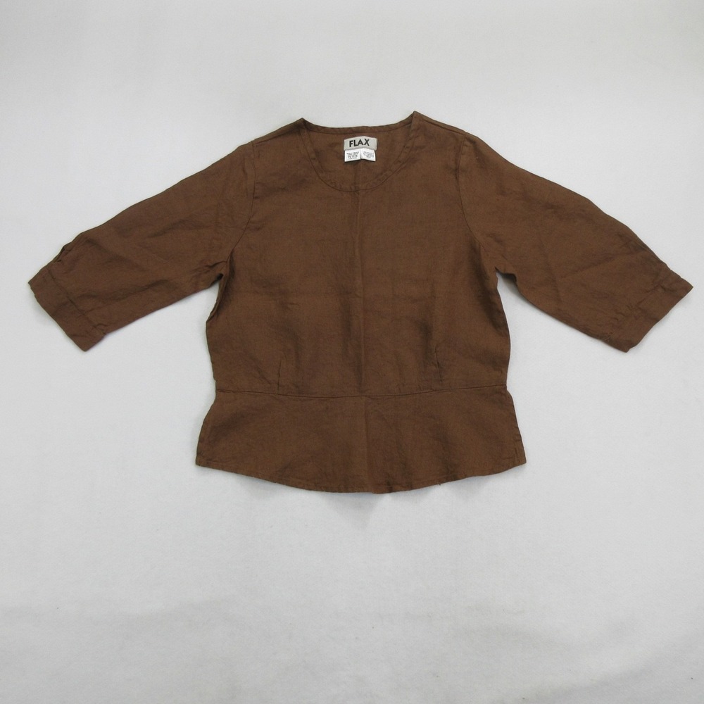 FLAX Women Blouse Top Size XS Brown 100% Linen 3/4 Sleeve Pullover New